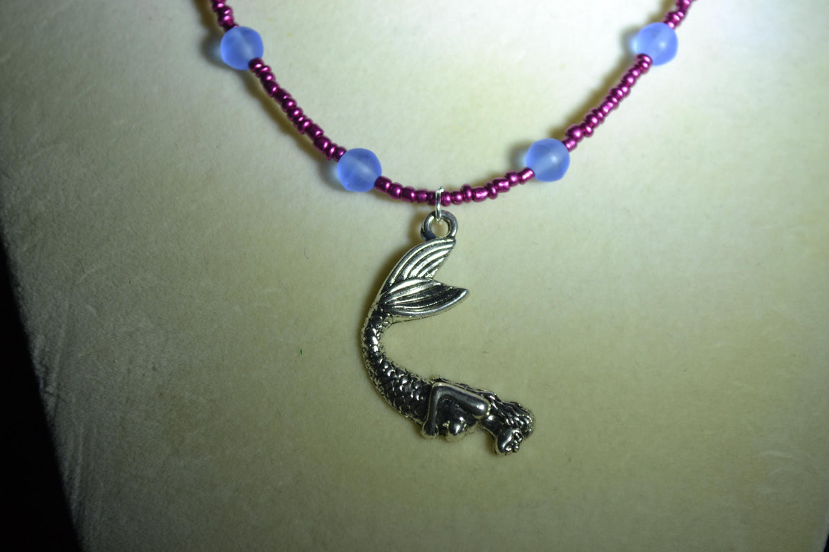 Silver mermaid pendant glass bead necklace. Sea blue & metallic raspberry
