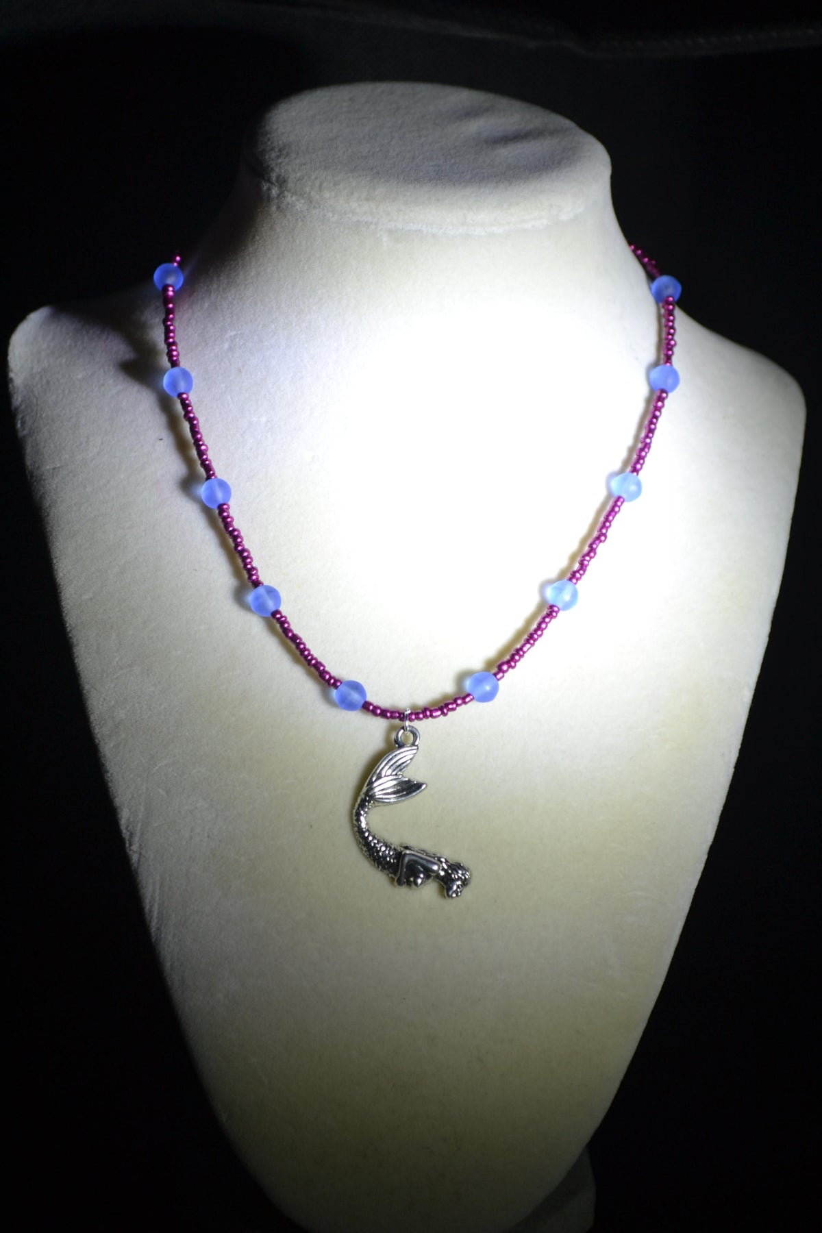 Silver mermaid pendant glass bead necklace. Sea blue & metallic raspberry