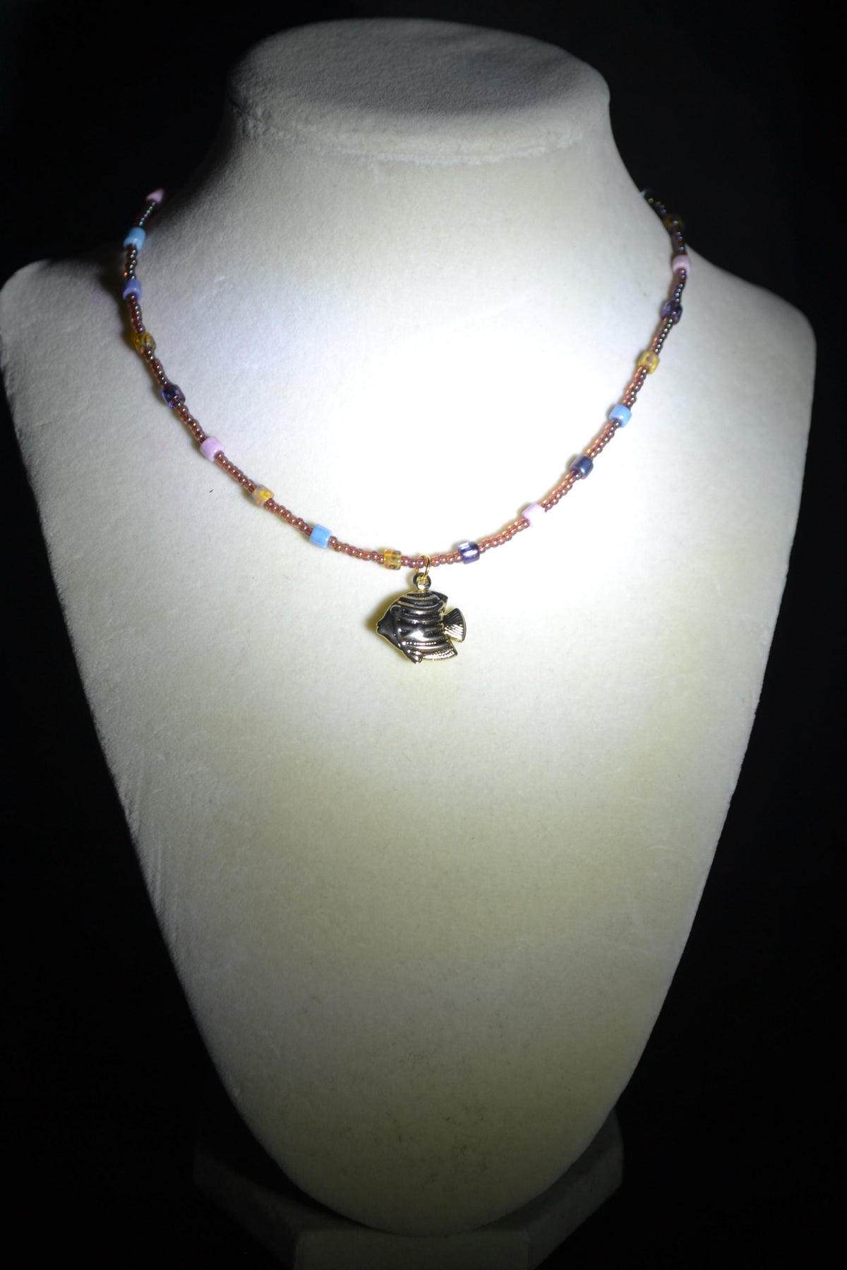 Gold Angelfish pendant glass bead choker. Iridescent brown & mixed Picasso