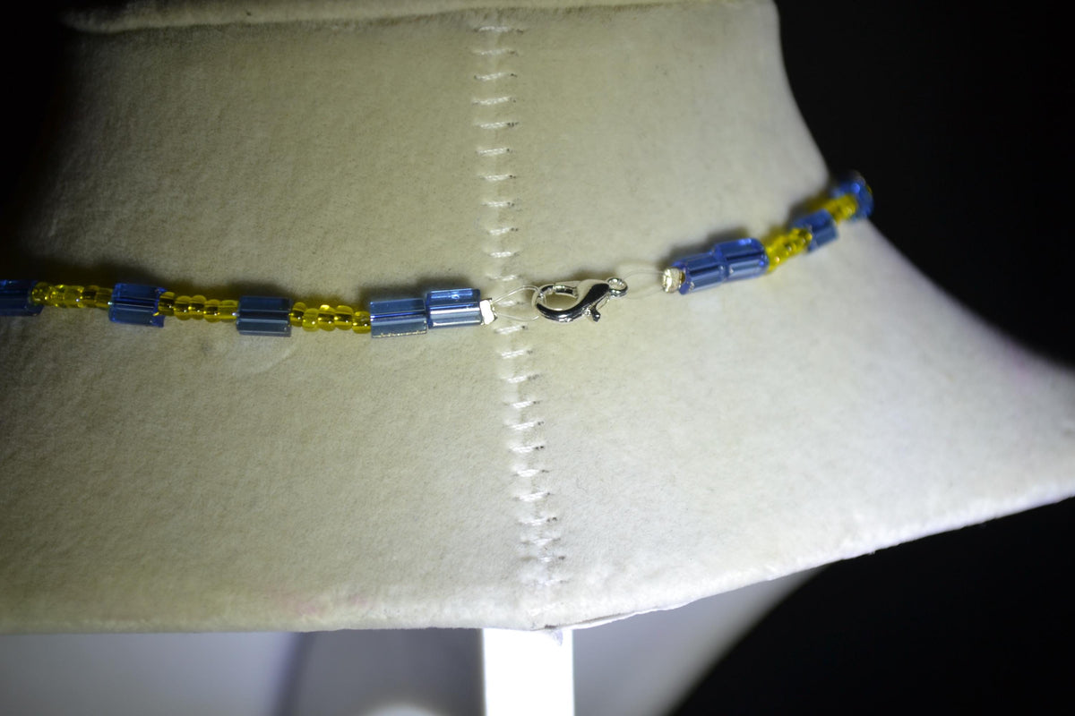 Silver Cactus pendant glass bead necklace. Yellow and blue