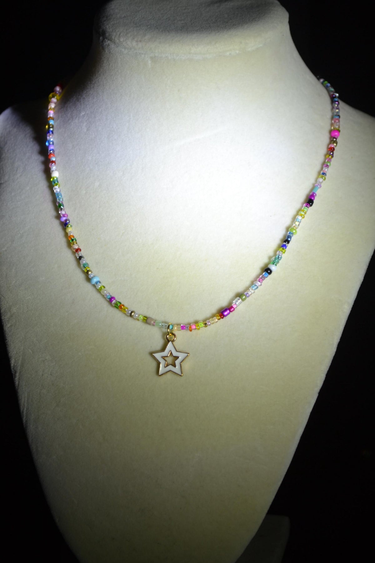 White star pendant glass bead necklace. Rainbow