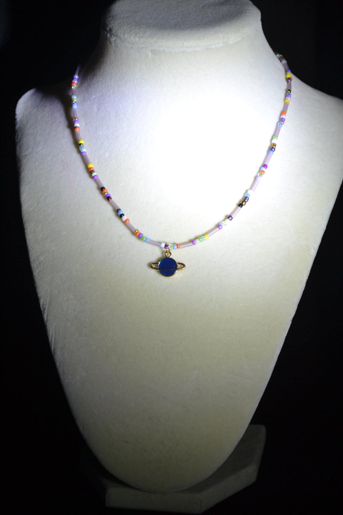 Blue planet pendant glass bead choker. Rainbow