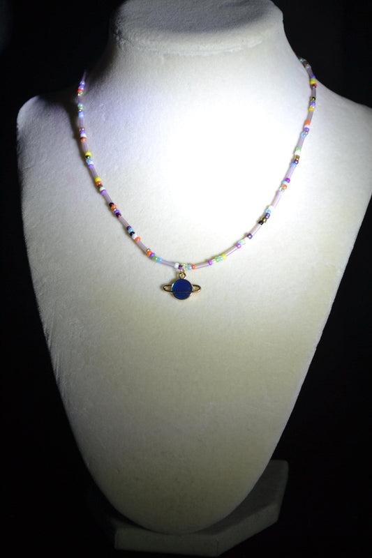 Blue planet pendant glass bead choker. Rainbow