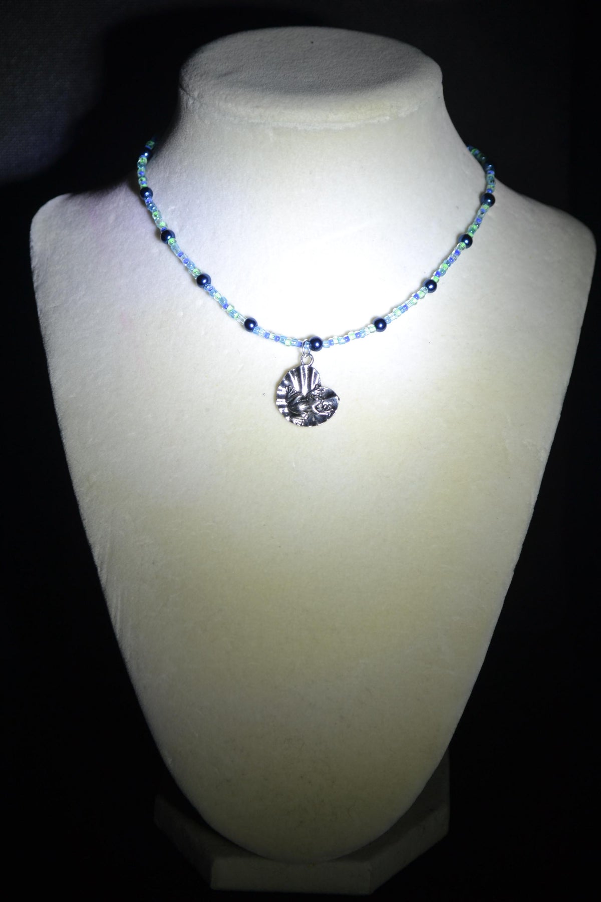 Silver Frog on lily pad pendant glass bead choker. Blues and greens