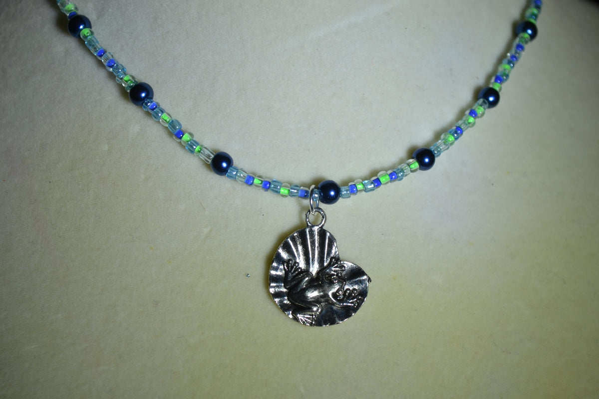 Silver Frog on lily pad pendant glass bead choker. Blues and greens
