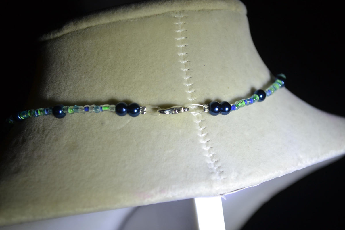 Silver Frog on lily pad pendant glass bead choker. Blues and greens