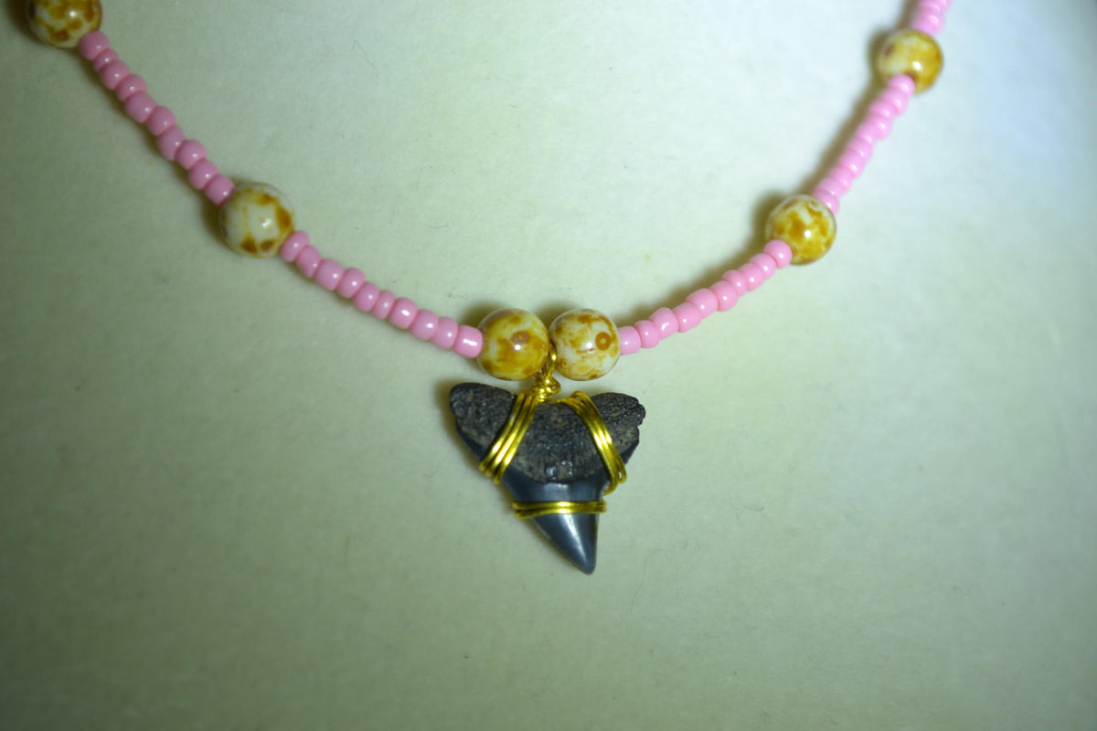 Wire wrapped sharks tooth beaded choker. Pink and Picasso