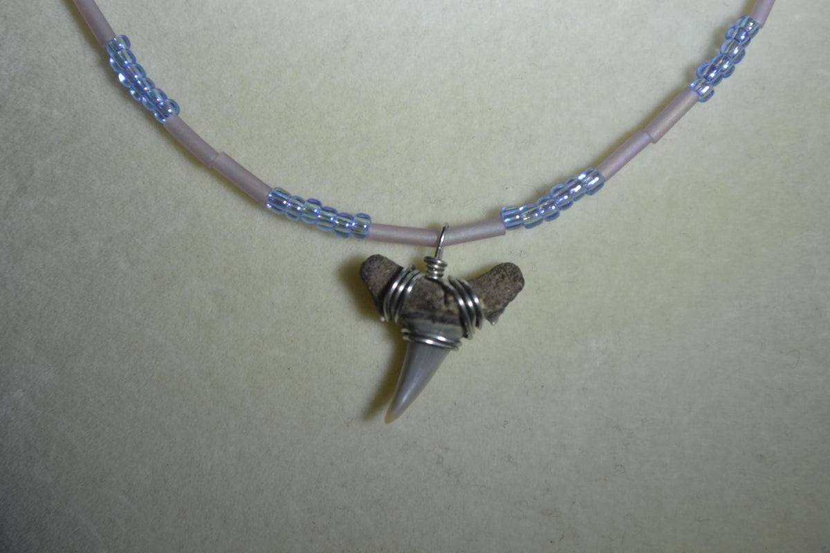 Wire wrapped sharks tooth beaded necklace. Blue and light amethyst