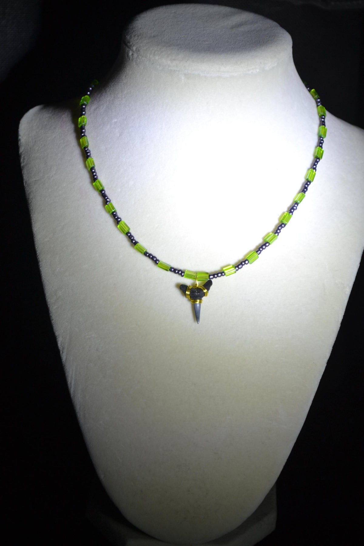 Wire wrapped sharks tooth beaded choker. Green and metallic black