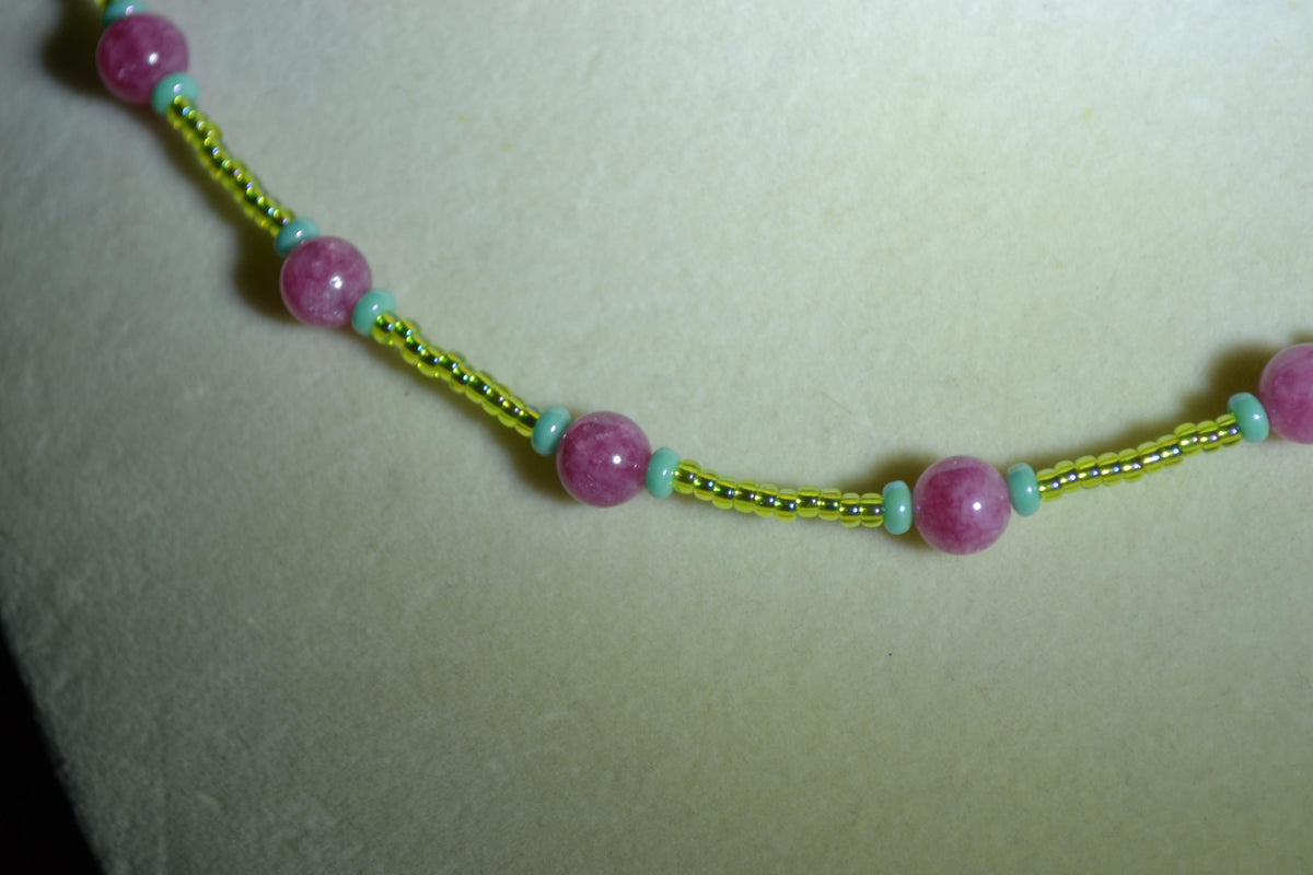 Multicolor glass bead necklace . Cranberry, turquoise, and lime