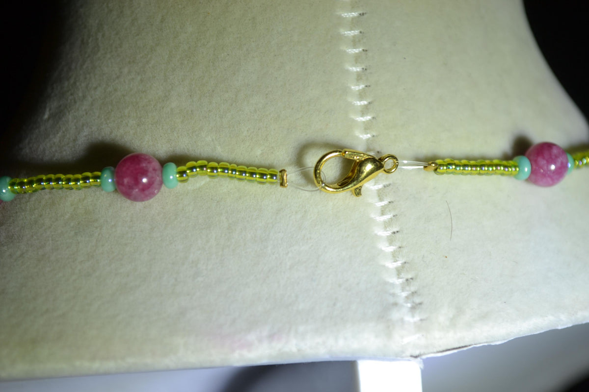 Multicolor glass bead necklace . Cranberry, turquoise, and lime