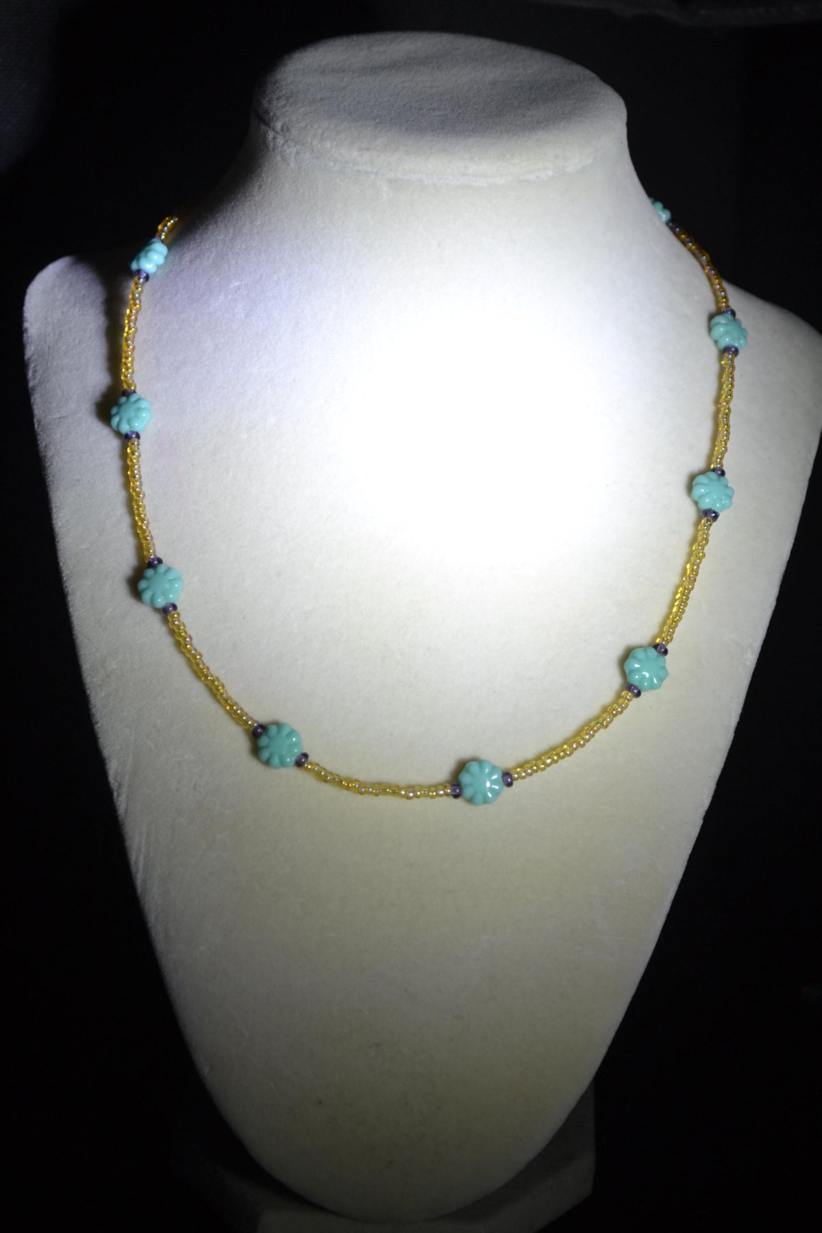 Multicolor glass bead necklace. Cactus flowers, amber, and amethyst