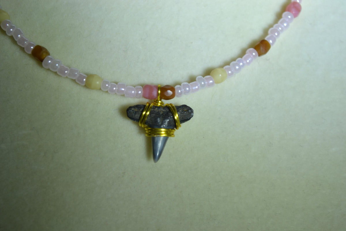 Wire wrapped sharks tooth beaded necklace. Neapolitan