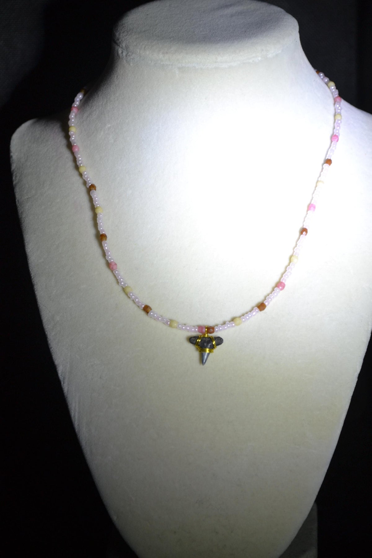 Wire wrapped sharks tooth beaded necklace. Neapolitan