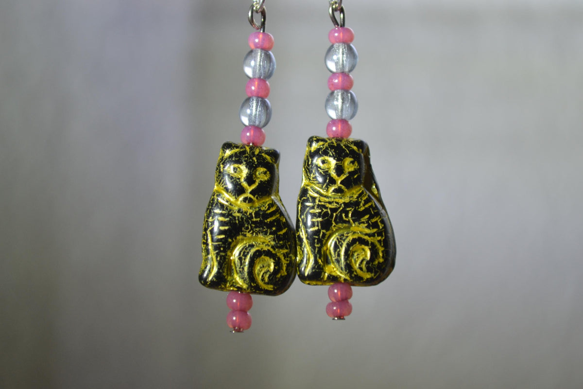 Beaded Cat Earrings. Yellow, blue, and pink