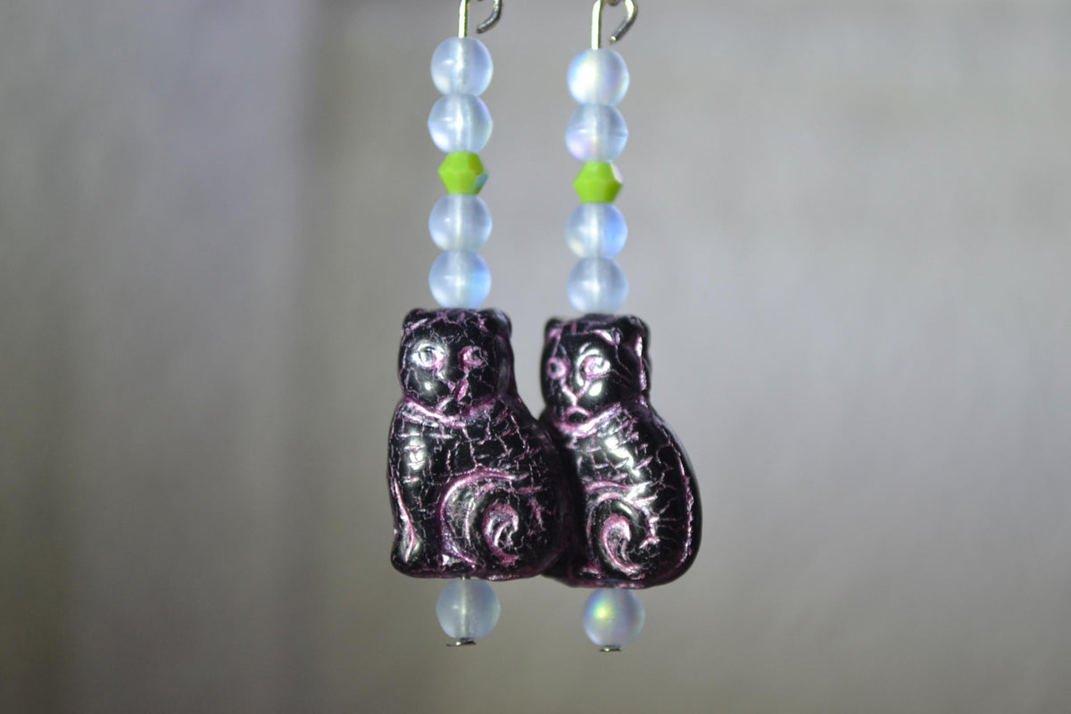 Beaded Cat Earrings. Pink, iridescent, and lime