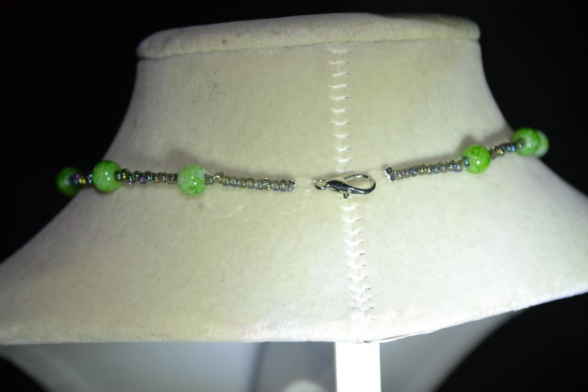 Silver Cactus pendant glass bead necklace. Marbled green & iridescent