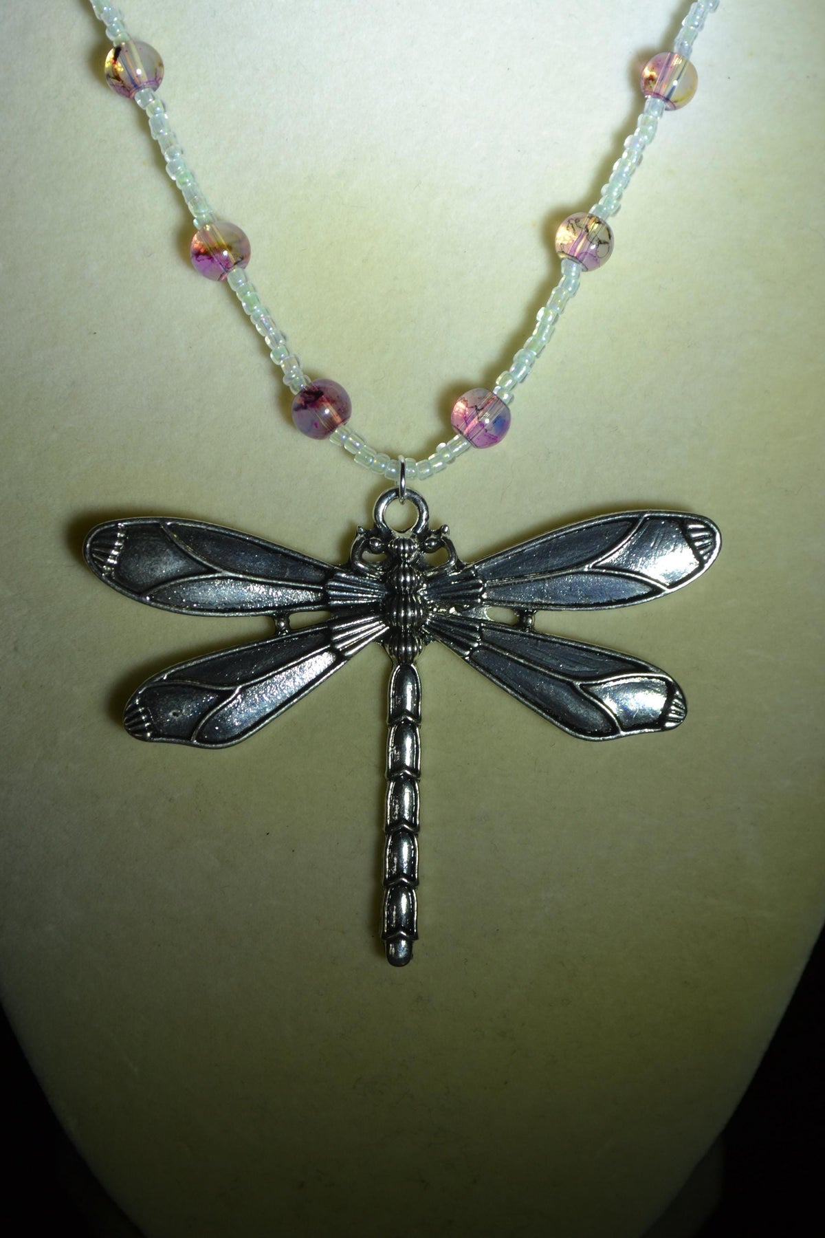 Silver Dragonfly pendant glass bead necklace. Marbled purple and crystal