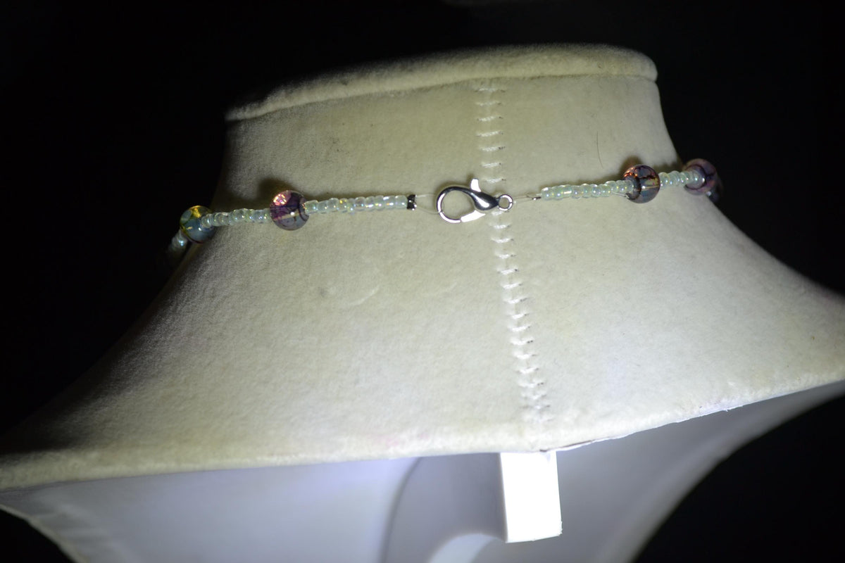 Silver Dragonfly pendant glass bead necklace. Marbled purple and crystal