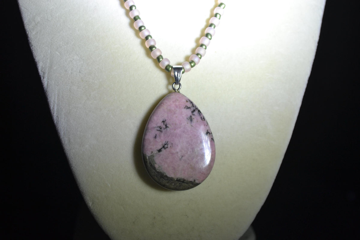 Rhodonite pendant glass bead necklace. Frosted pink & Metallic green