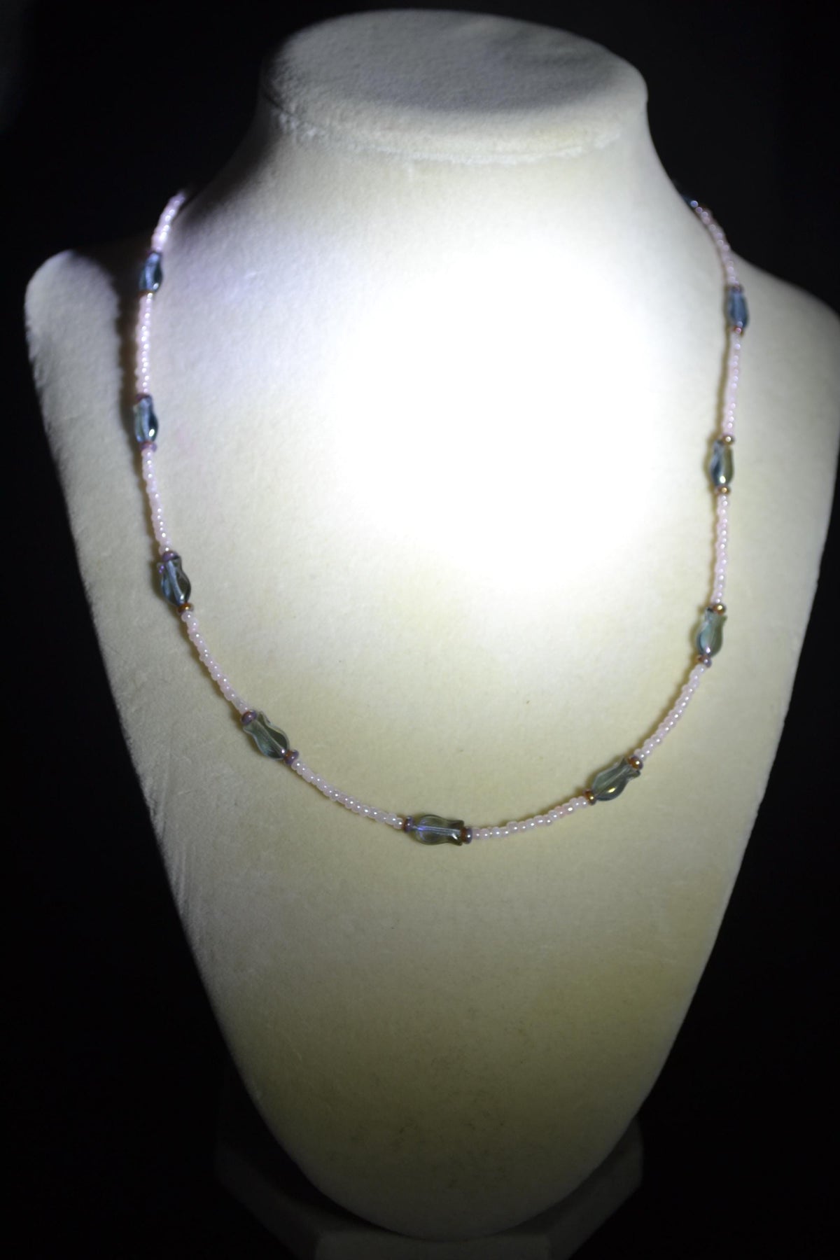 Beaded fish necklace. Blue, pink pearl, and amethyst