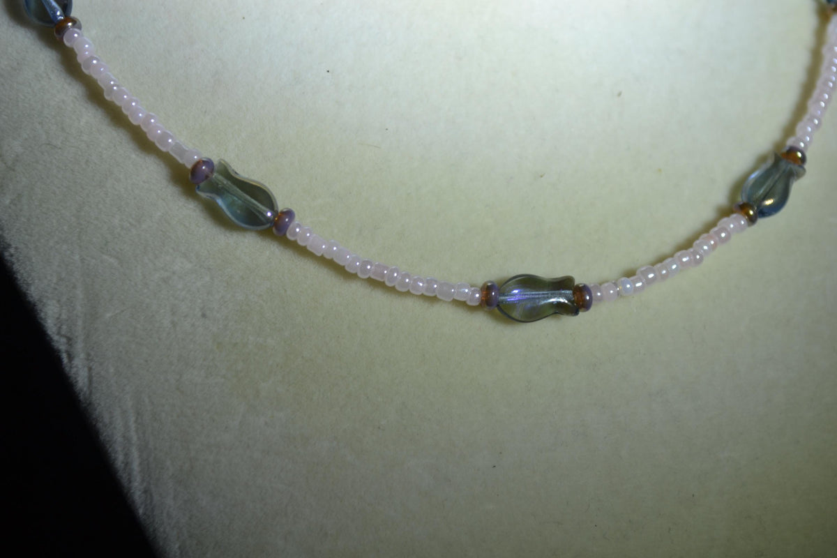 Beaded fish necklace. Blue, pink pearl, and amethyst