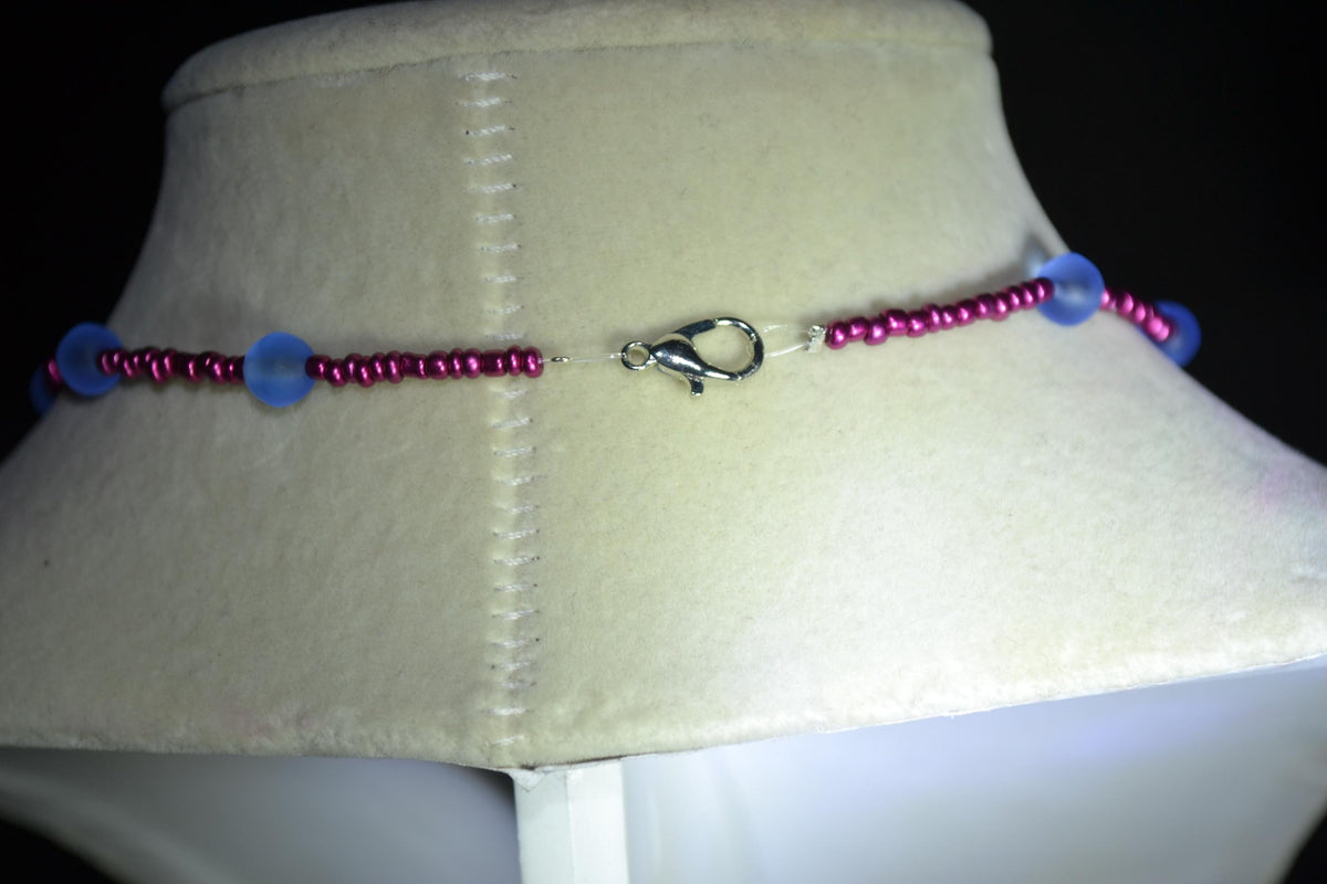 Silver mermaid pendant glass bead necklace. Sea blue & metallic raspberry