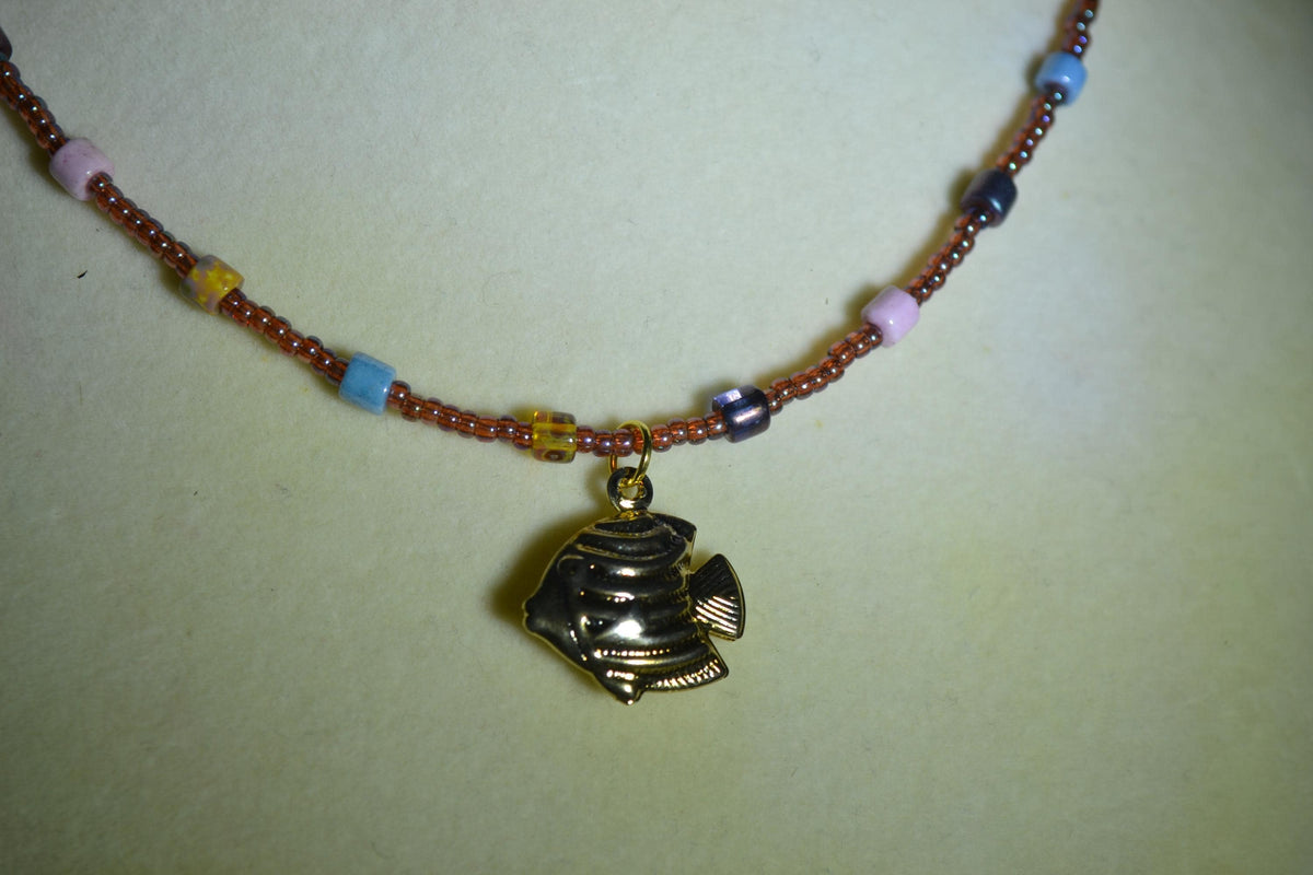 Gold Angelfish pendant glass bead choker. Iridescent brown & mixed Picasso