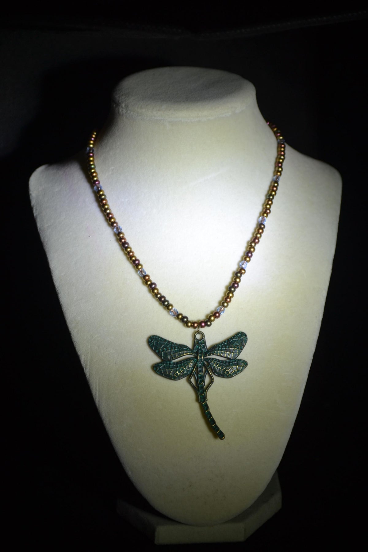 Bronze Dragonfly pendant glass bead necklace. Mixed bronzes and light blue