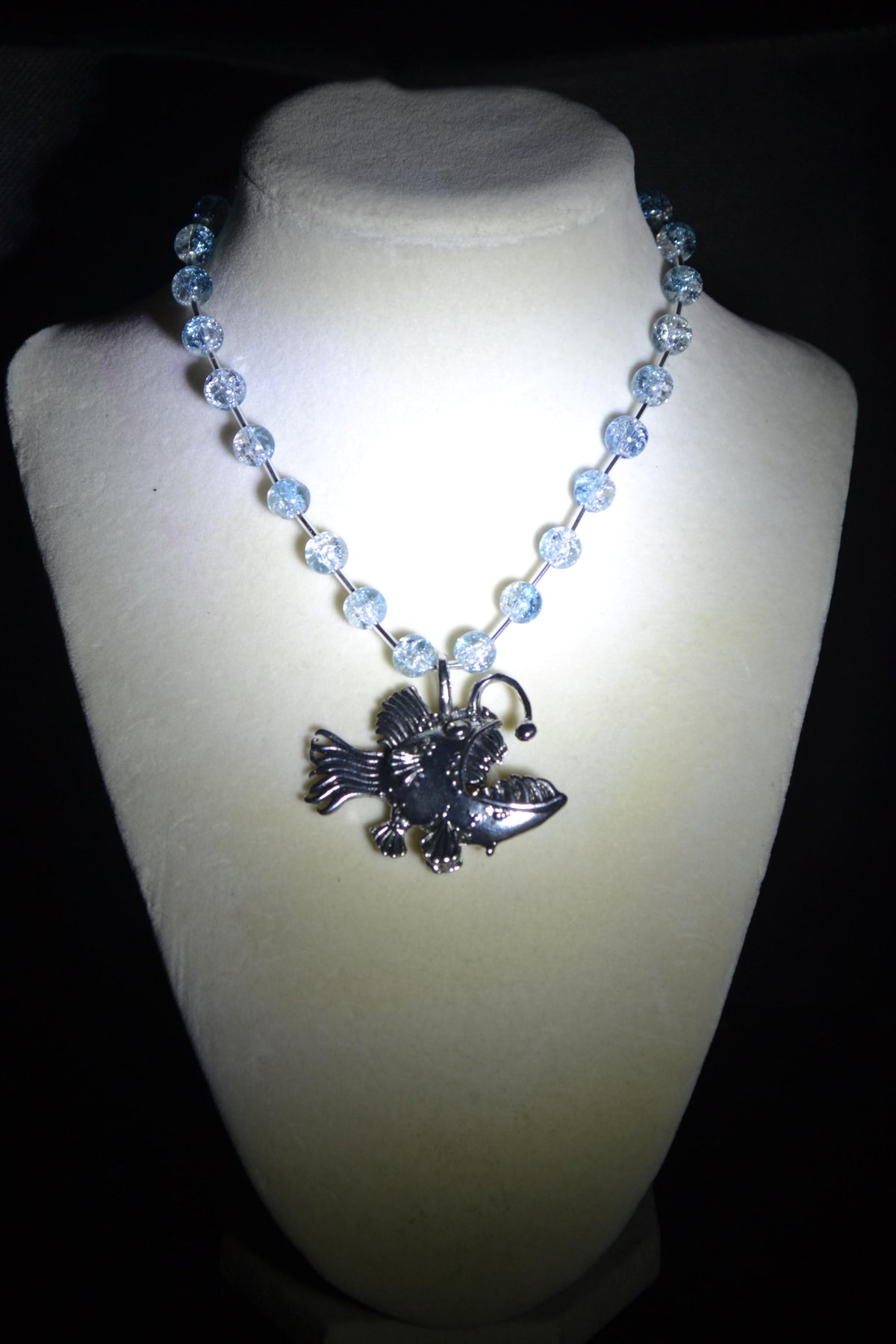 Silver anglerfish pendant glass bead choker. Crackled blue and silver