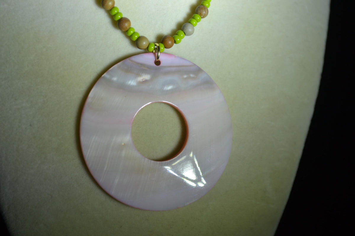 Pink Abalone Mother of Pearl pendant glass bead necklace. Green and wood