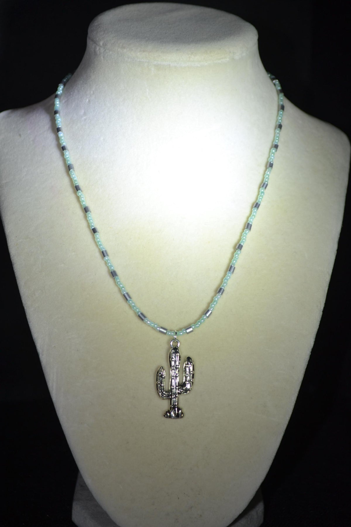 Silver Cactus pendant glass bead necklace. Pearl green and silver