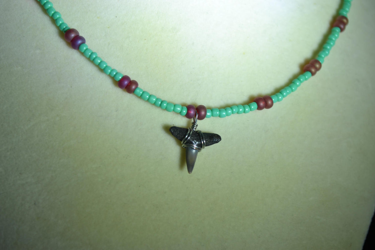Wire wrapped sharks tooth beaded necklace. Teal and frosted red