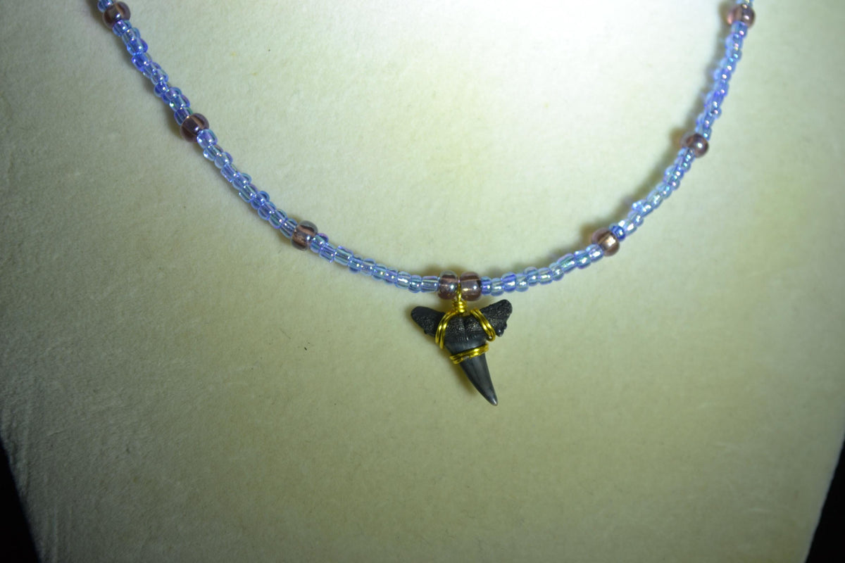 Wire wrapped sharks tooth beaded necklace. Blue and amethyst