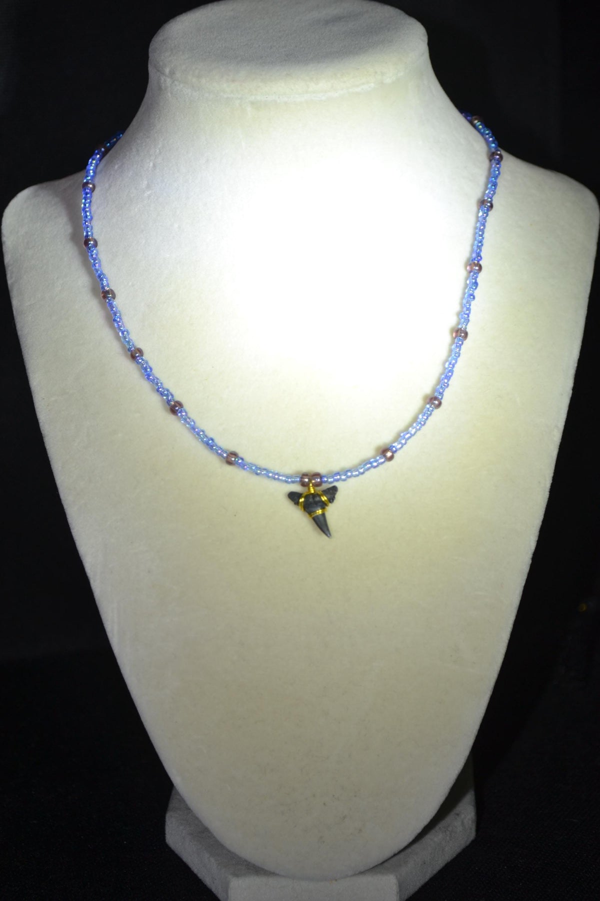 Wire wrapped sharks tooth beaded necklace. Blue and amethyst