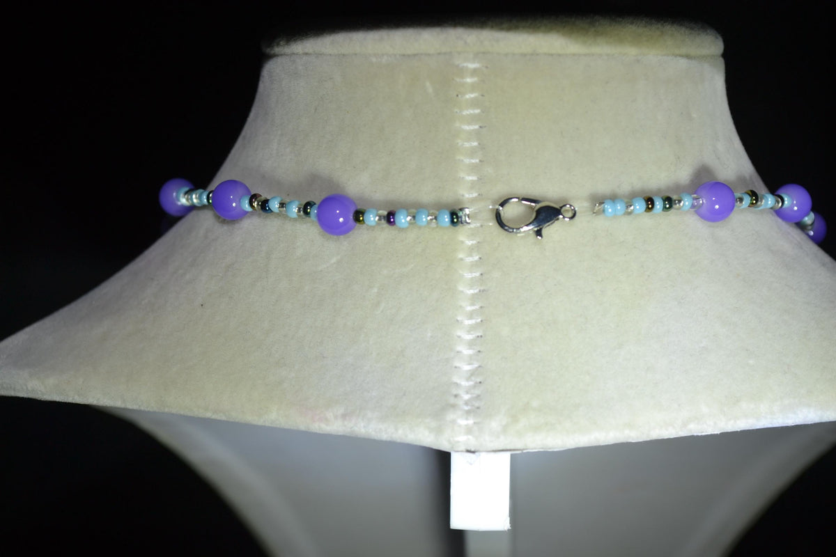 Silver Turtle pendant glass bead necklace. Deep sea