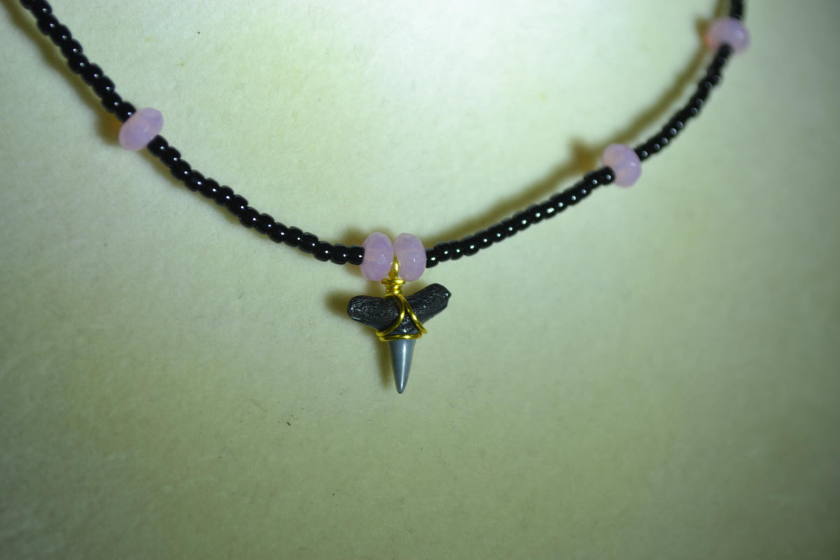 Wire wrapped sharks tooth beaded choker. Black and rose