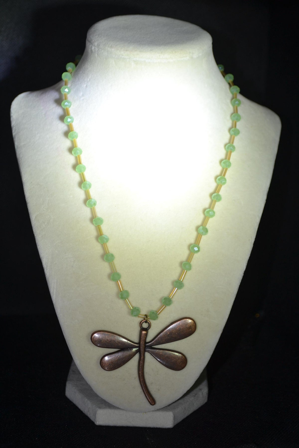 Bronze Dragonfly pendant glass bead necklace. Green and champagne