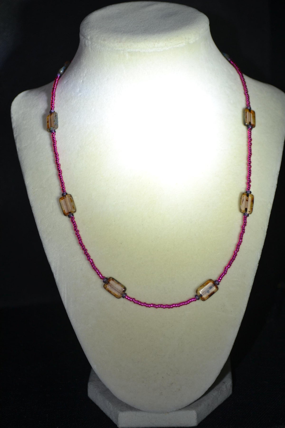 Multicolor glass bead necklace. Fuschia, amethyst, and square Picasso