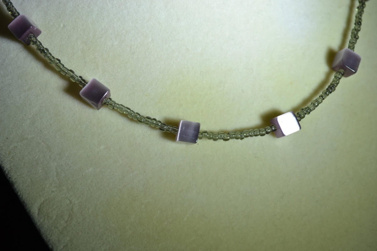 Multicolor glass bead necklace. Purple cat eye and grey