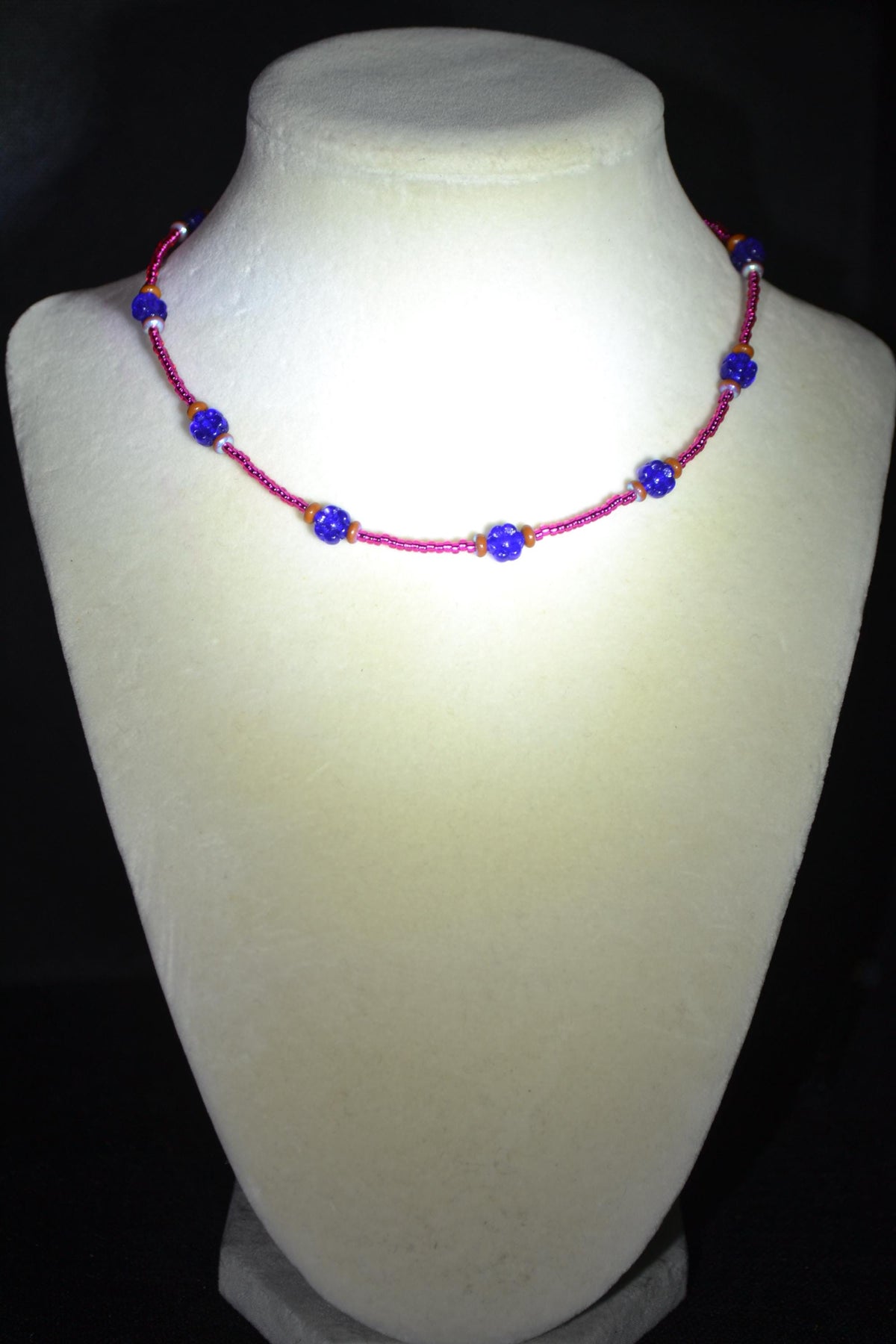 Multicolor glass bead choker. Cobalt flowers, metallic terracotta, and fuschia