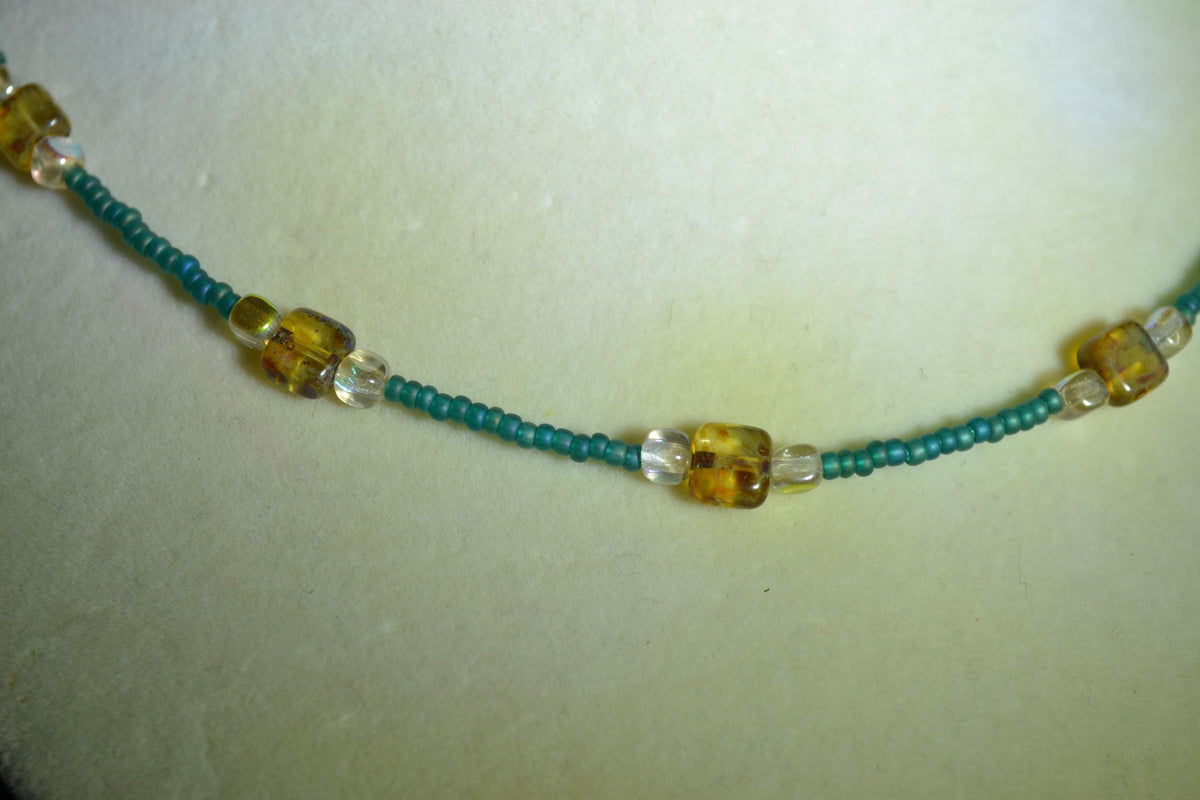Multicolor glass bead choker. Brown tortoise, champagne, and teal