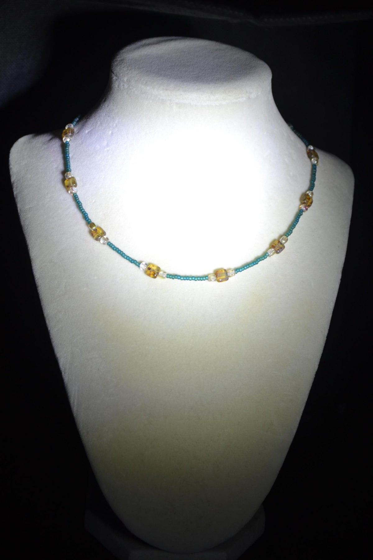 Multicolor glass bead choker. Brown tortoise, champagne, and teal