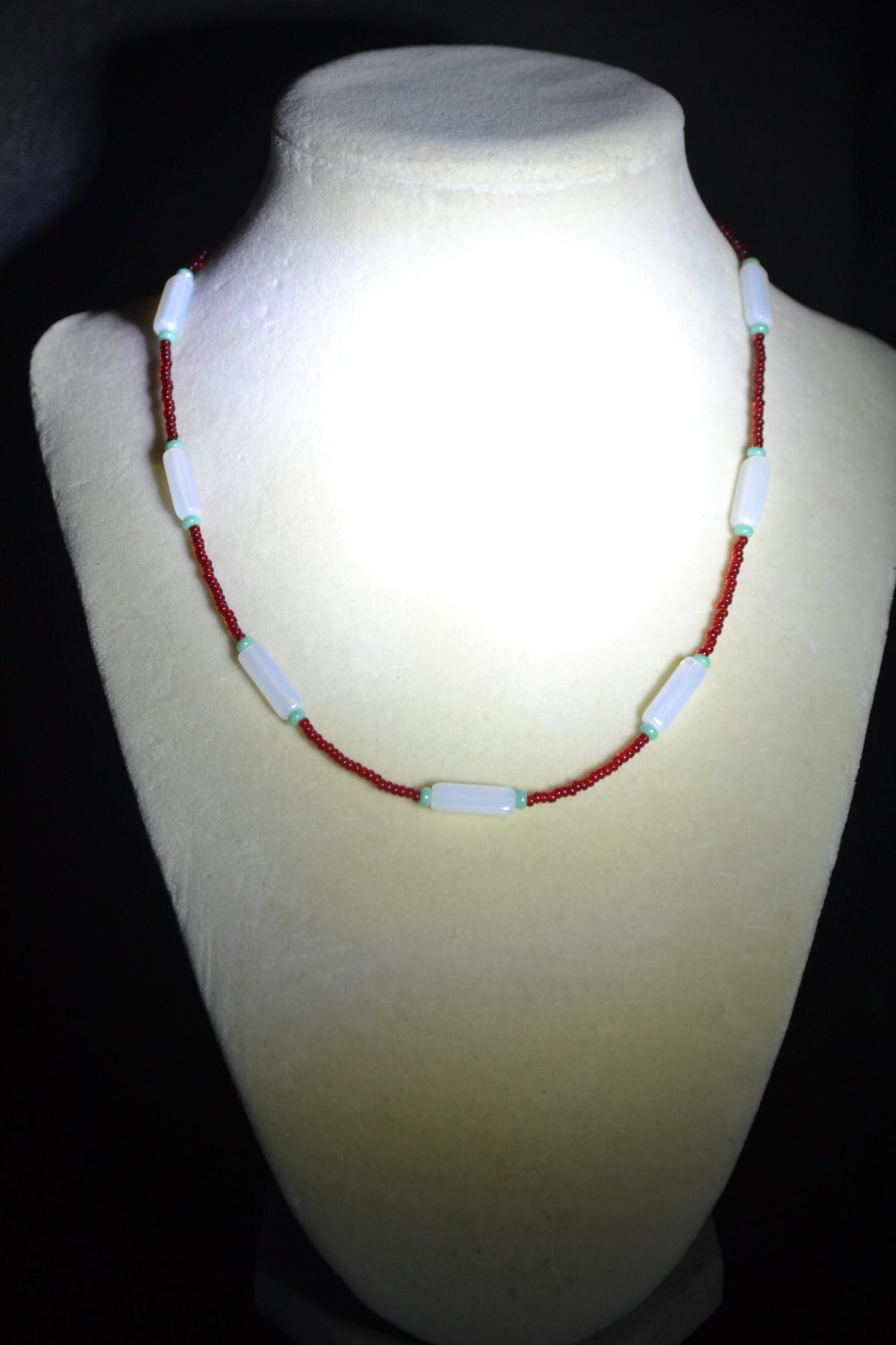 Multicolor glass bead necklace. Red, moonstone, and turquoise