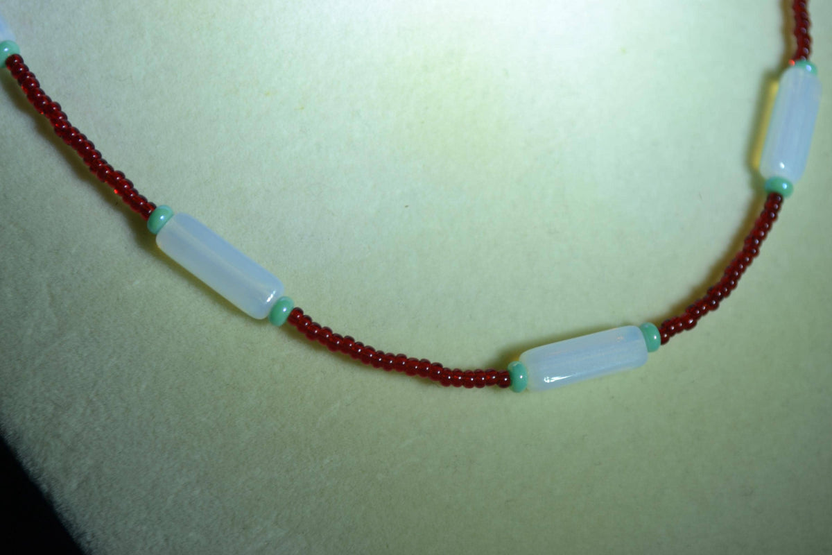 Multicolor glass bead necklace. Red, moonstone, and turquoise