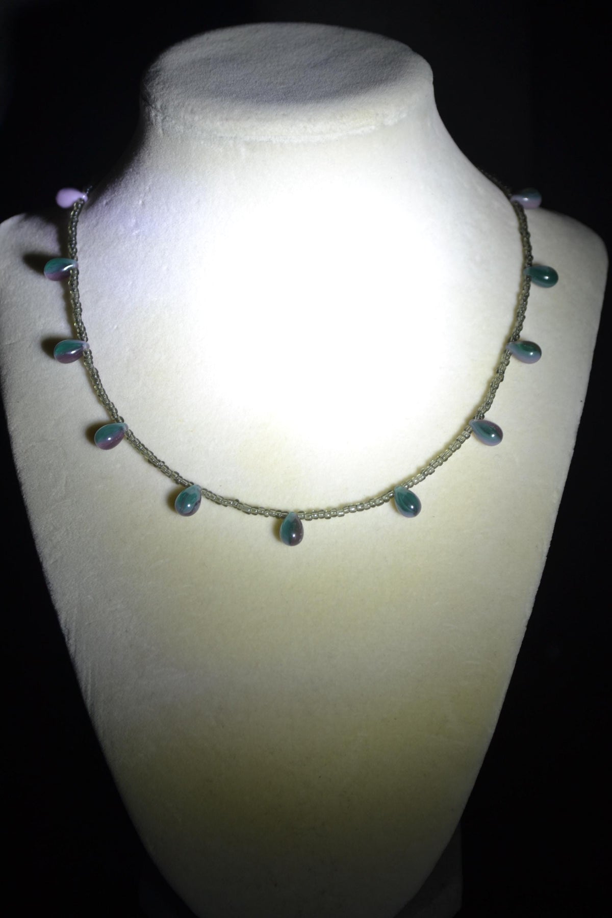 Multicolor glass bead necklace. Blue, purple, and grey