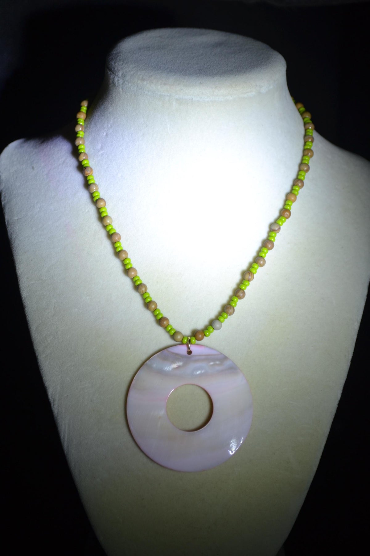 Pink Abalone Mother of Pearl pendant glass bead necklace. Green and wood
