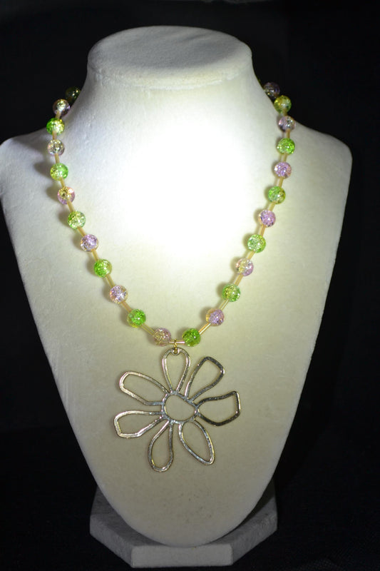 Gold Flower pendant glass bead necklace. Green, purple, and champagne