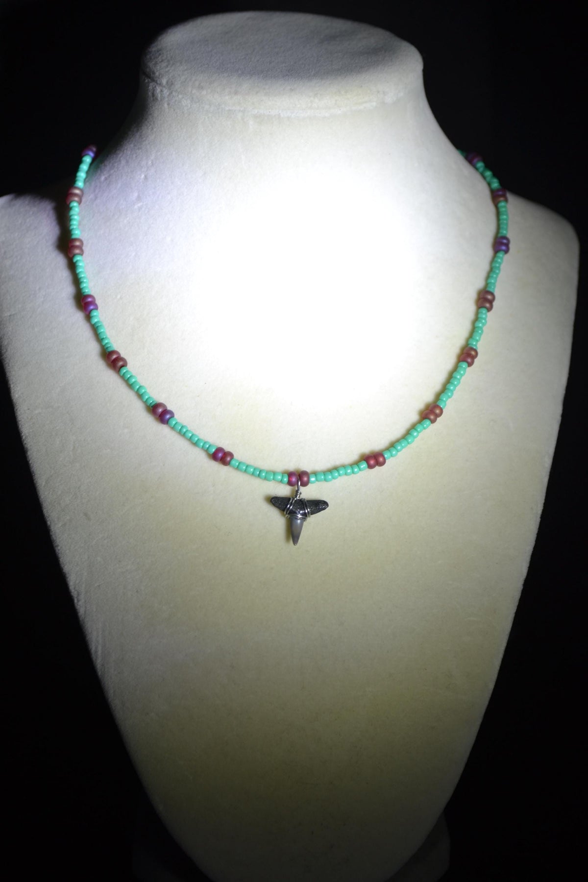 Wire wrapped sharks tooth beaded necklace. Teal and frosted red