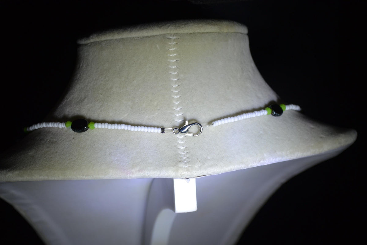 Multicolor glass bead necklace. White, lime, and black